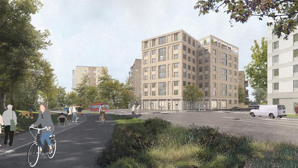 Vy från Farstavägen med flerbostadshus, park, gång- och cykelbana samt kvarter C och B i bakgrunden. Biltrafik och människor i rörelse. Illustration